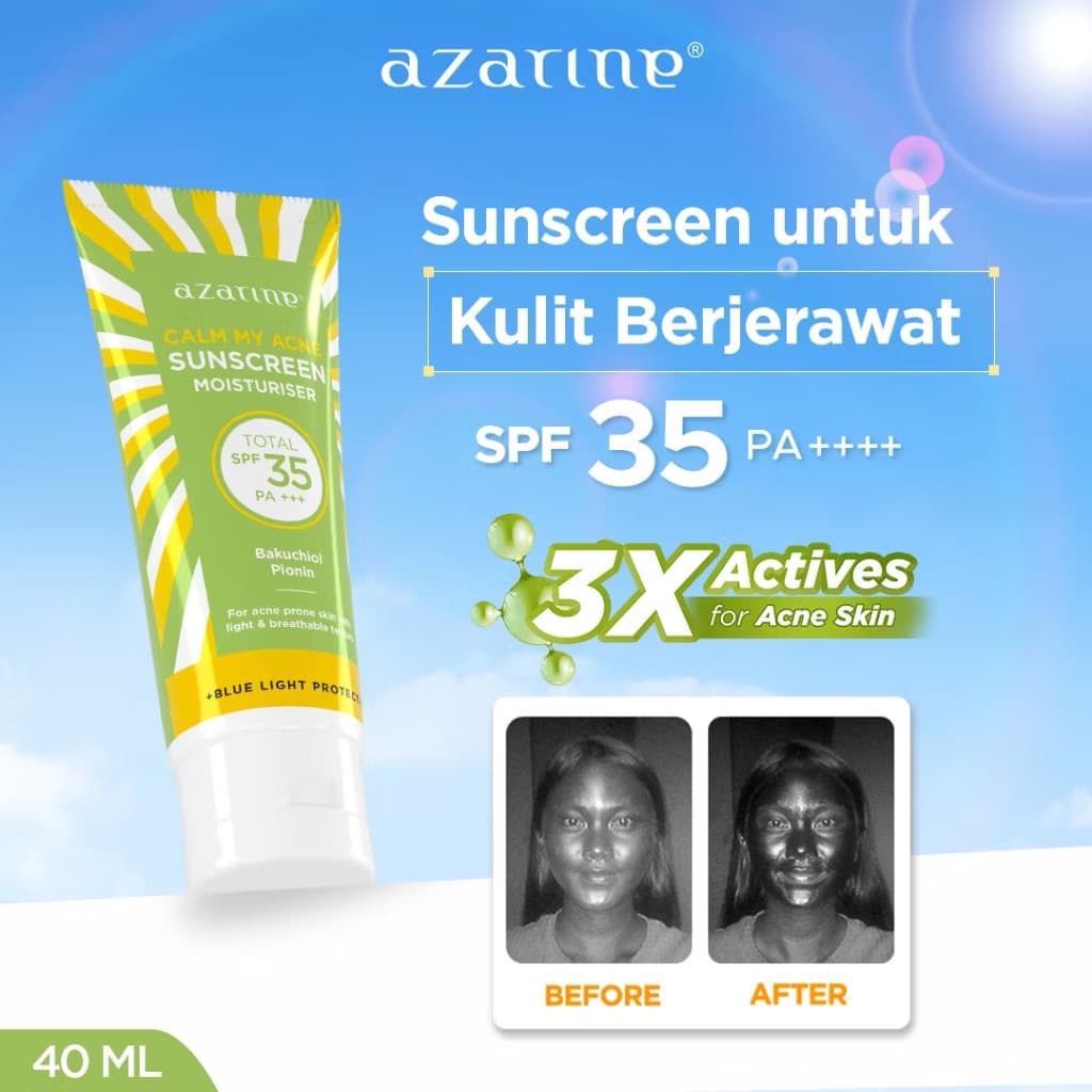 Azarine Calm My Acne Sunscreen Moisturiser SPF35 PA+++ [LOLOS UJI INVIVO INVITRO] Chemical Sunscreen Gel Untuk Kulit Berminyak Berjerawat Sensitif 40ml