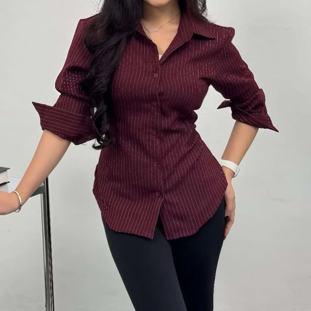Alpha Shirt - Kemeja Fitted Wanita | Fitted Shirt Garis Stripe Karet | Atasan Lengan Panjang Kantor