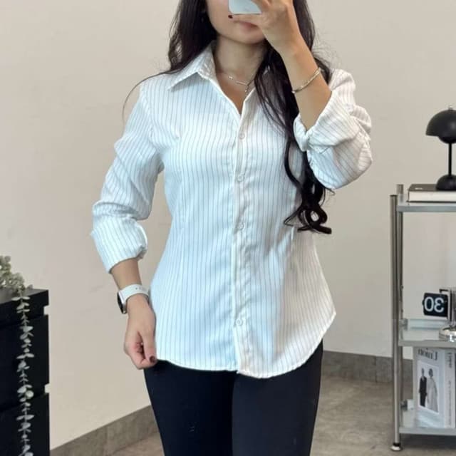 Alpha Shirt - Kemeja Fitted Wanita | Fitted Shirt Garis Stripe Karet | Atasan Lengan Panjang Kantor - 5